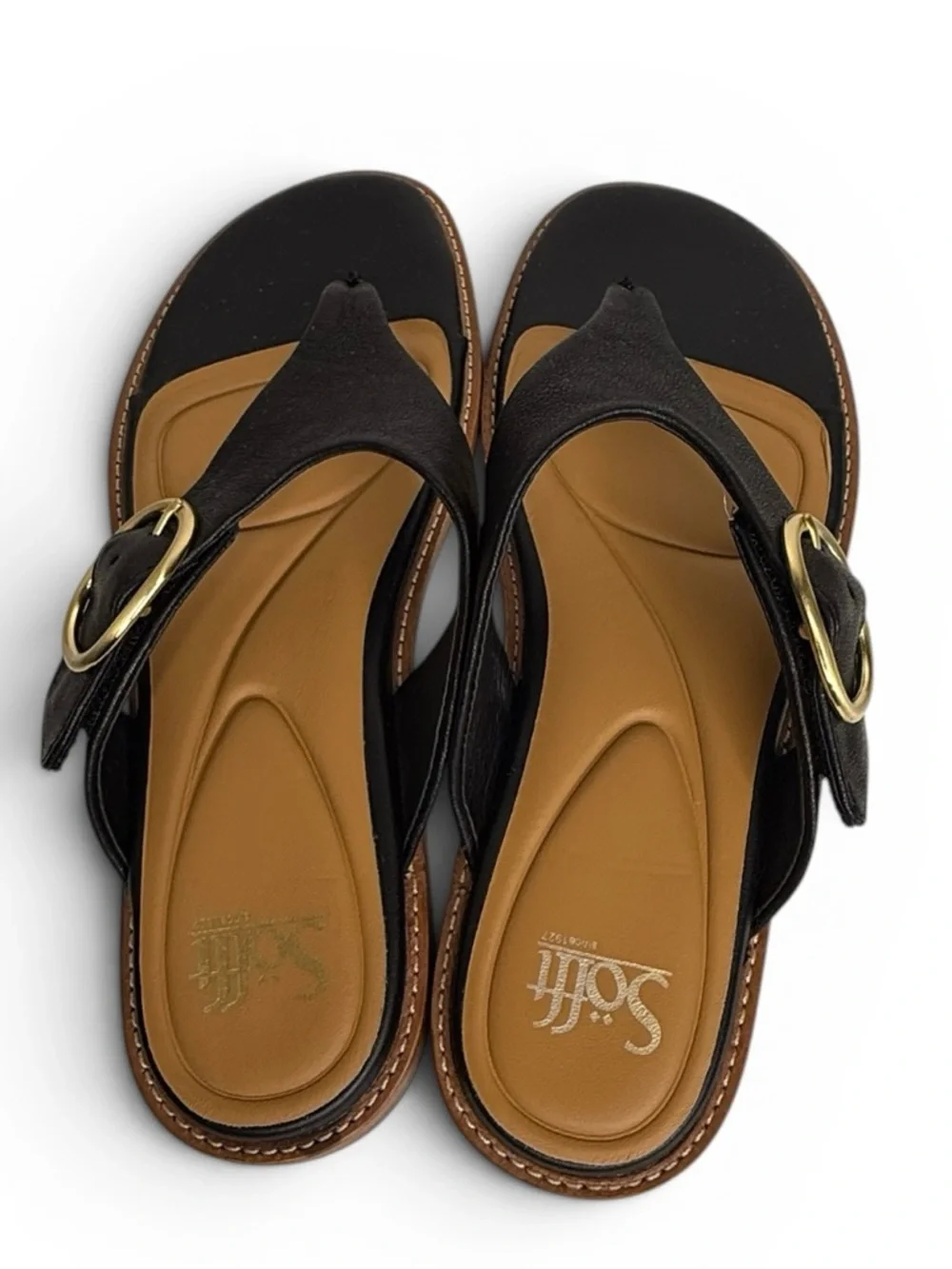 Söfft Black Leather Thong Sandals w/ Gold Buckle – Size 8.5M